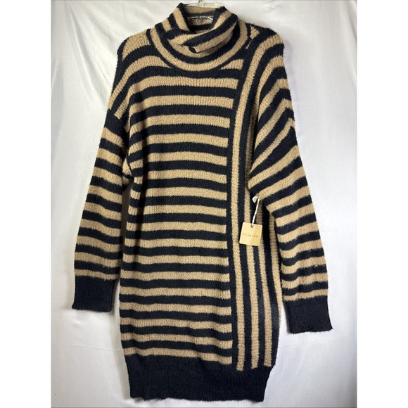 Blu Pepper Plush Turtleneck Sweater Dress Large Brown Black Stripe NWT - Picture 1 of 4